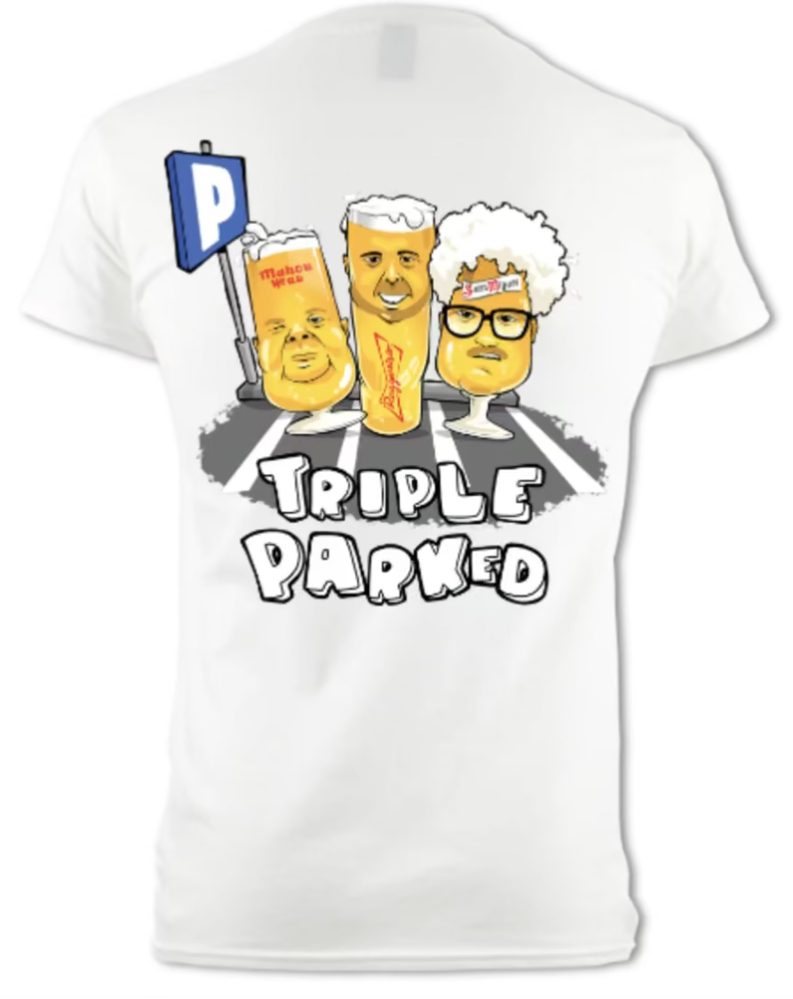 White t-shirt with cartoon characters and 'Triple Parked' text on a white background