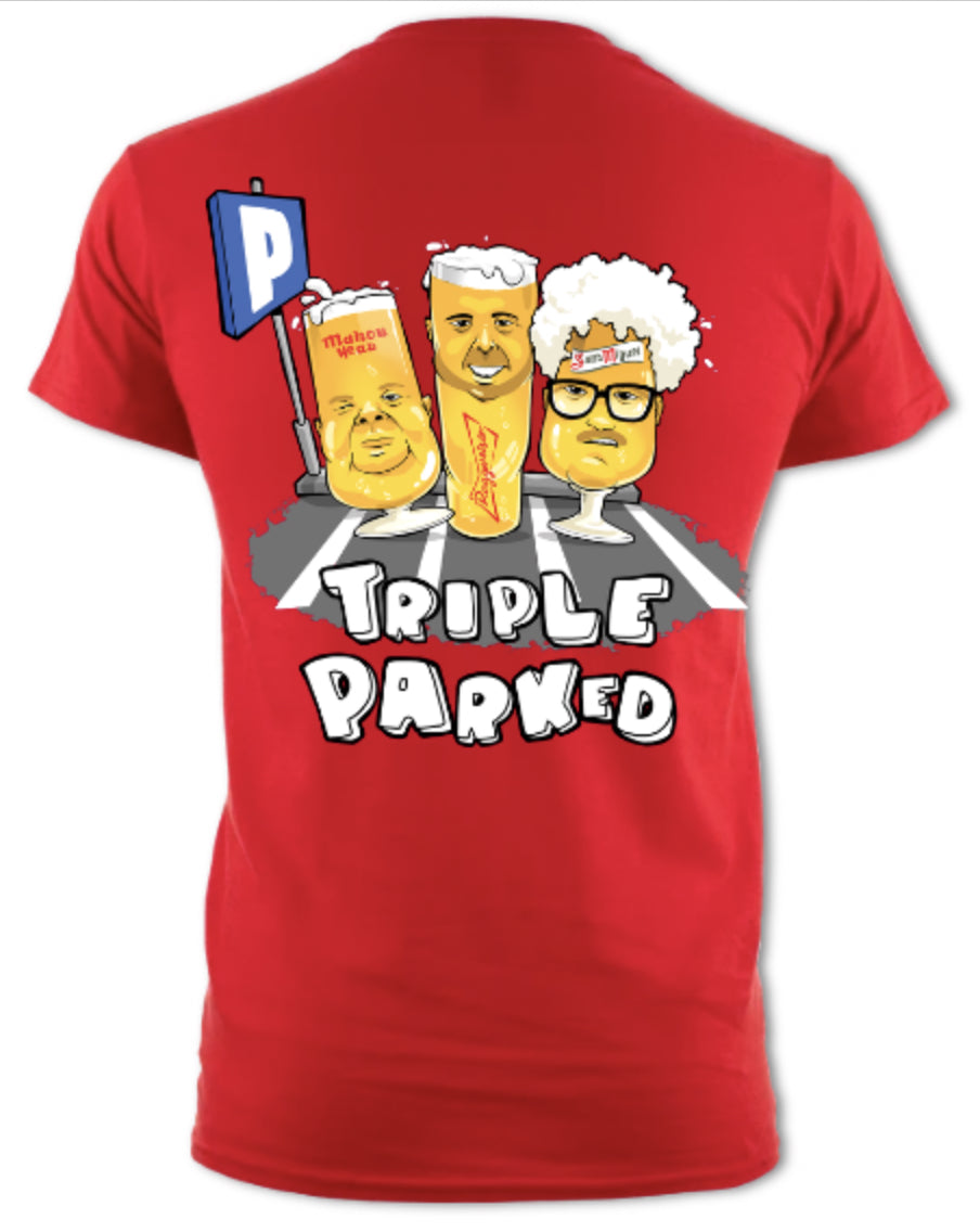 Red t-shirt with cartoon characters and 'Triple Parked' text on a white background
